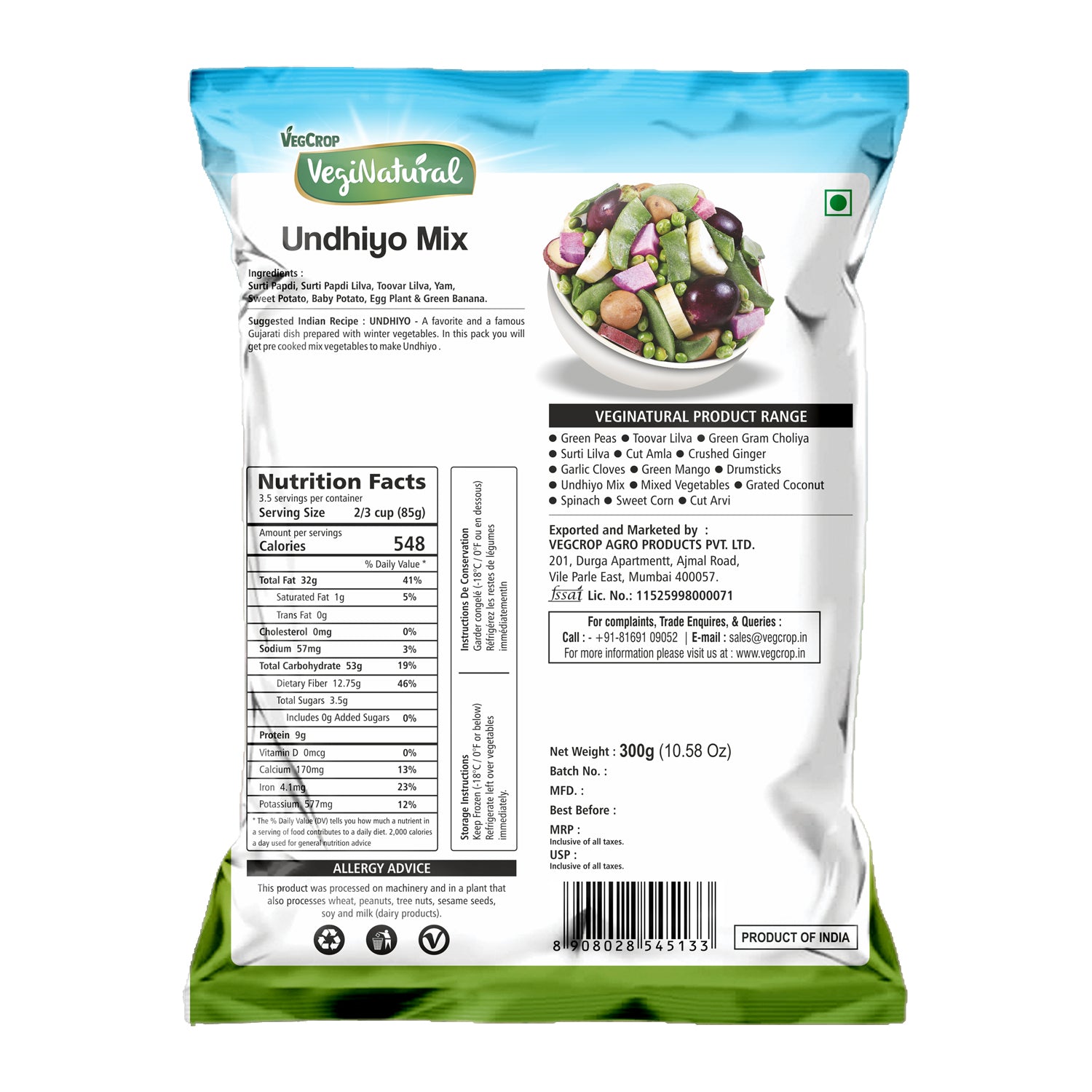 Buy Undhiyo Mix 300g Online | VegiNatural Frozen Veg Mix back cover