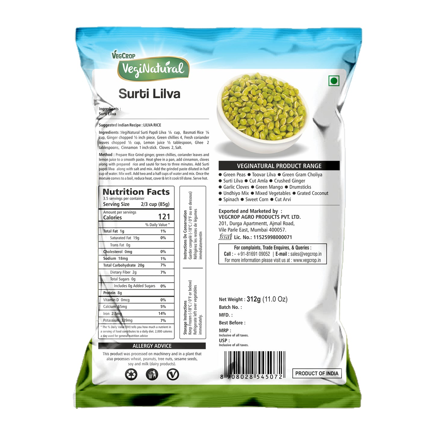 Buy Surti Lilva 312g Online | VegiNatural Frozen Lilva back cover