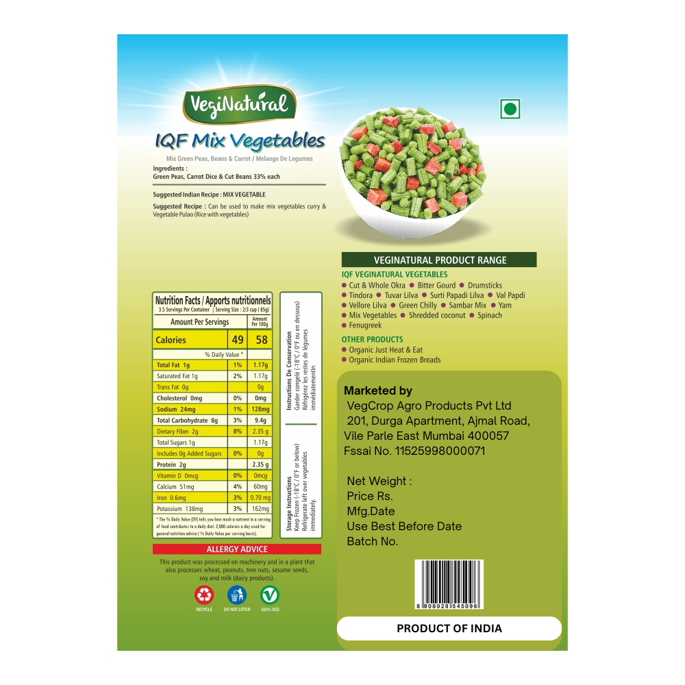 Buy Mixed Vegetables 312g Online | VegiNatural Frozen Veg back cover